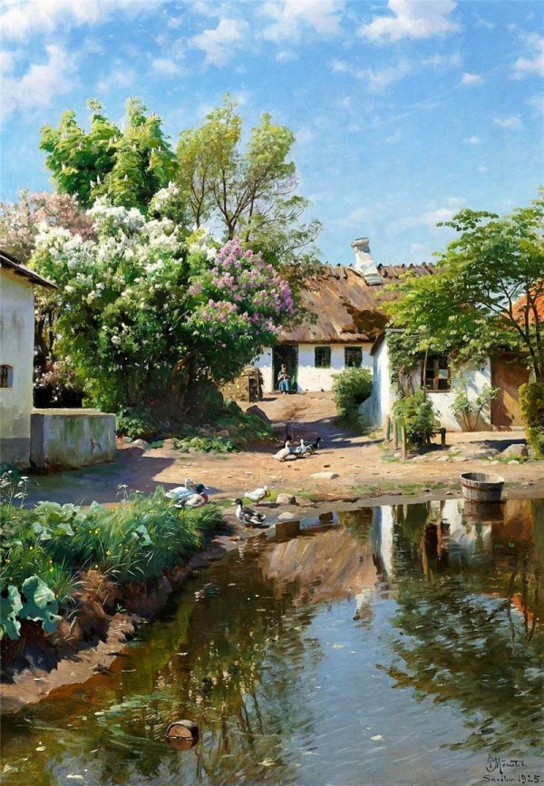 Spring day at a thatched house with blooming lilacs by Peter Mork Monsted